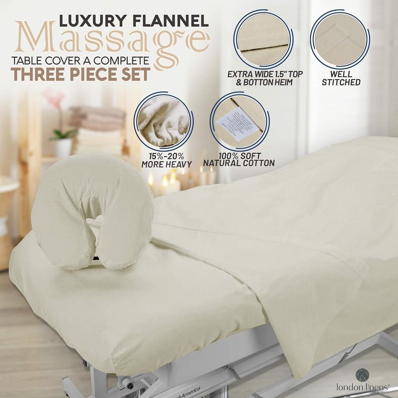 LONDON LINENS Pack of 2 Extra Thick 3 Piece Massage Table Sheets Set - 100% Natural Cotton Flannel - Includes Massage Table Cover, Massage Fitted Sheet, and Massage Face Rest Cover (Natural)