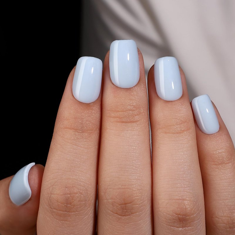 Short Square Press On Nails (Soft Sky) Reusable Natural Stick On Nails with Glue in 15 Sizes – 32 Soft Gel Fake Nails Kit