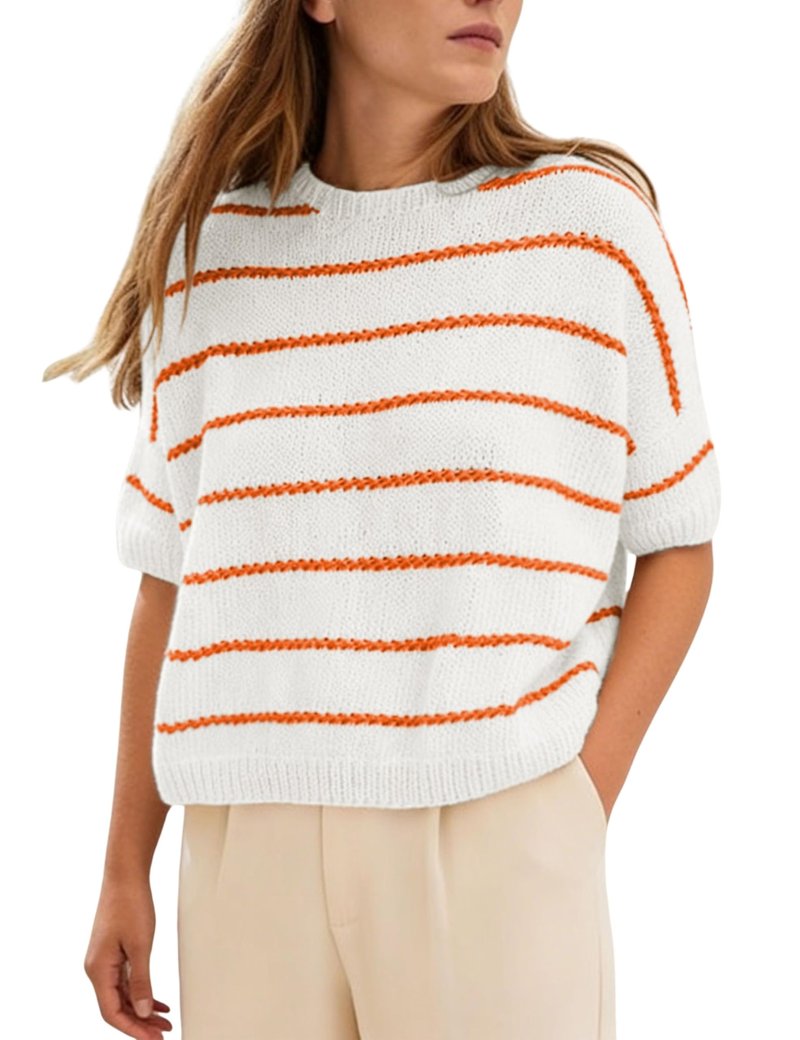 QIBABU Womens Short Sleeve Striped Sweater Top Casual Crewneck Lightweight Shirt Spring Summer Cropped Knit Tops(2242-White-XL-QB)