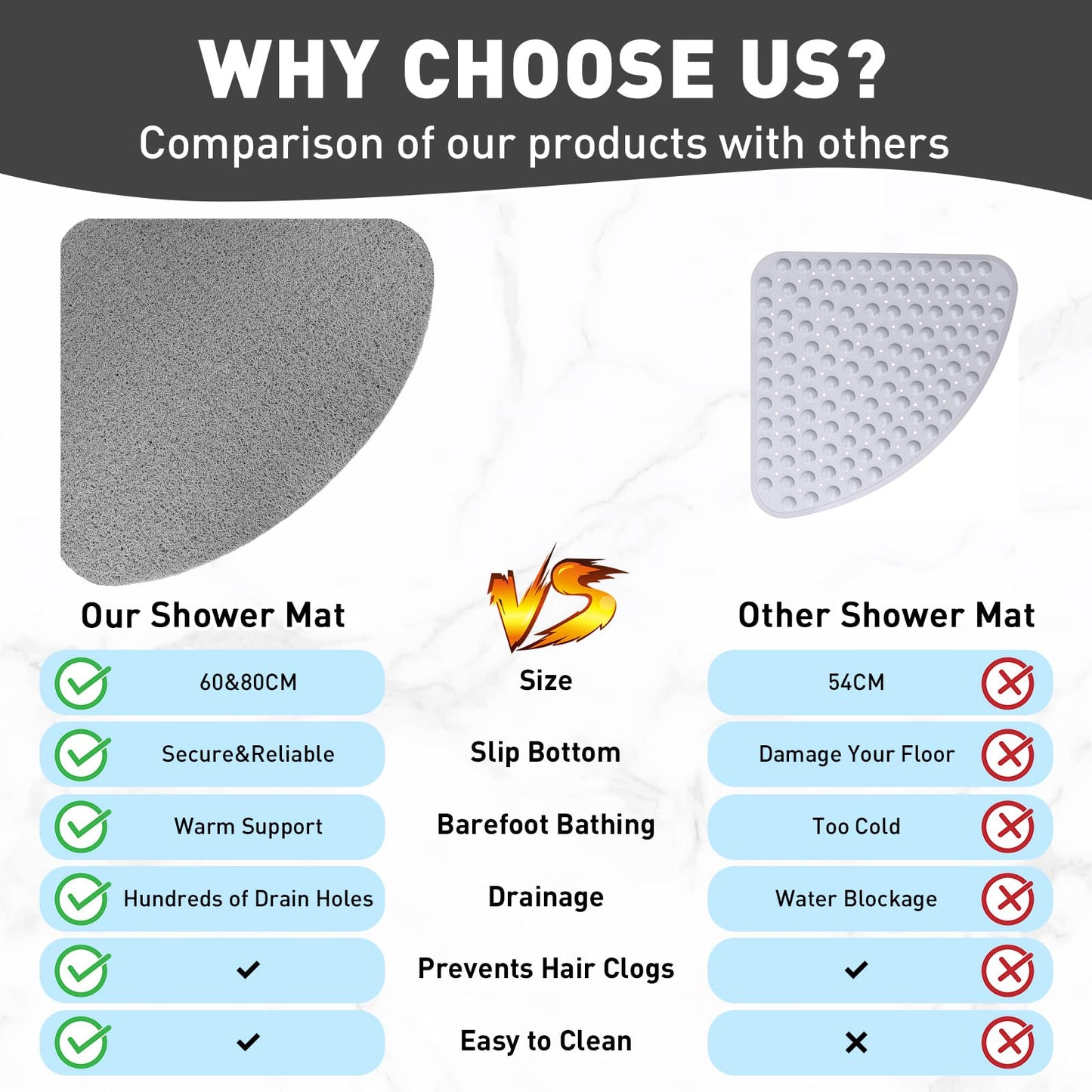 Darhoo Corner Anti Slip Shower Mat, 31.5 x 31.5 Inch Large Non Slip Shower Mats for Inside Shower, Soft Loofah Stand Up Shower Mat for Elderly, Grey