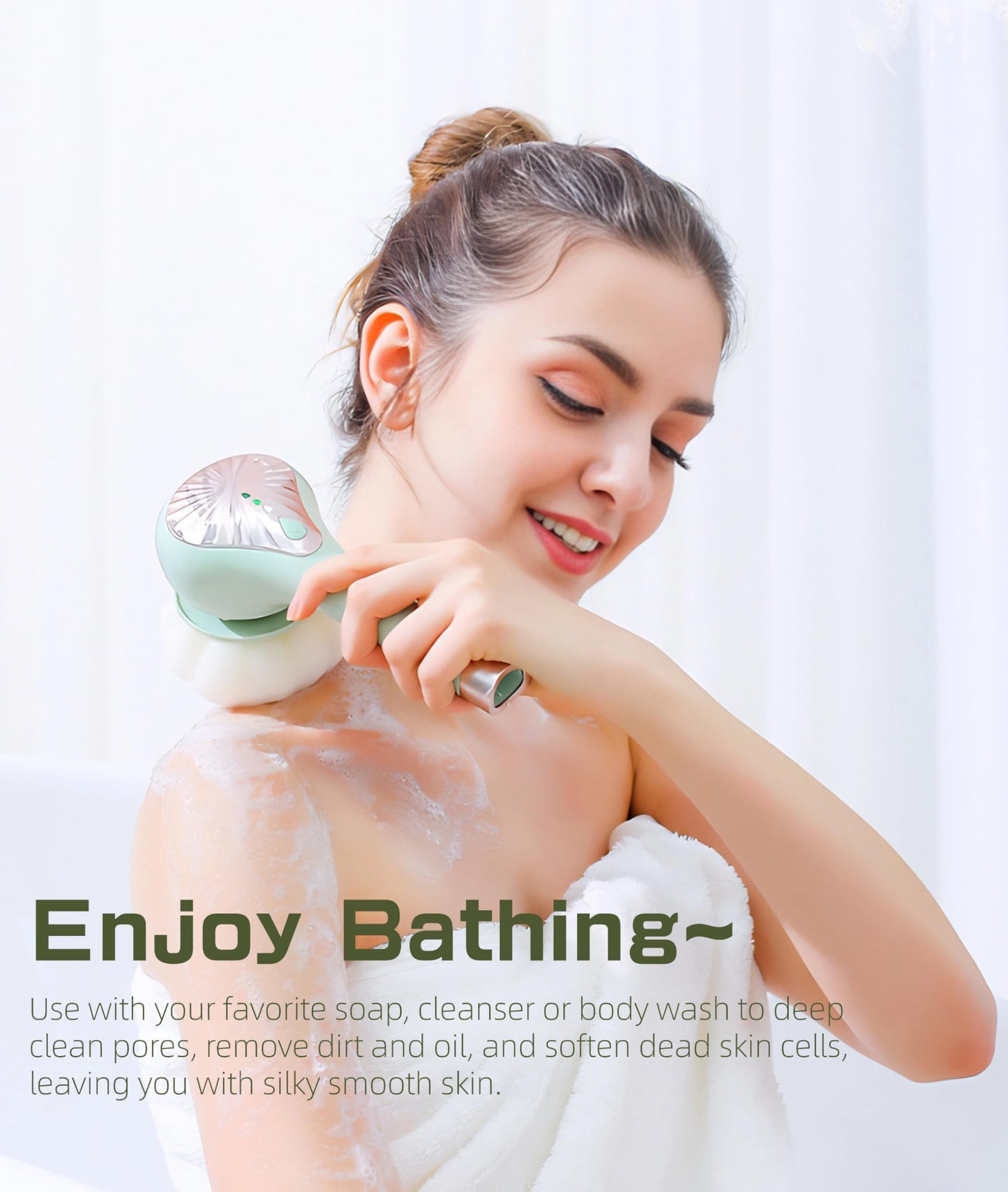 Electric Body Brush Back Scrubber for Shower, IPX6 Water Proof Bath Brush with Long Handle, 6 Heads 3 Speeds Rechargeable Electric Spin Scrubber for Cleanse, Massage, Exfoliate