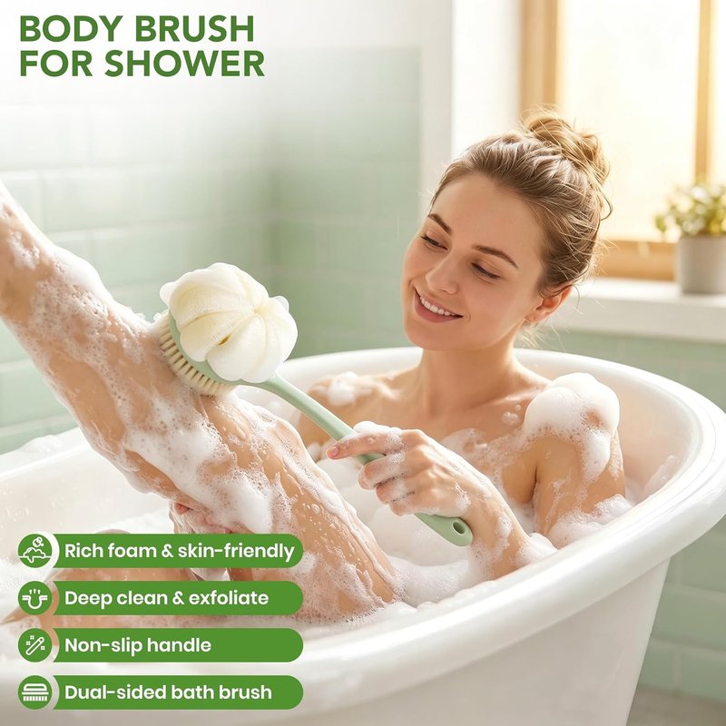 Back Scrubber for Shower - 15.7" Loofah with Handle | Curved Long Brush for Clean Back & Hard-to-Reach Areas