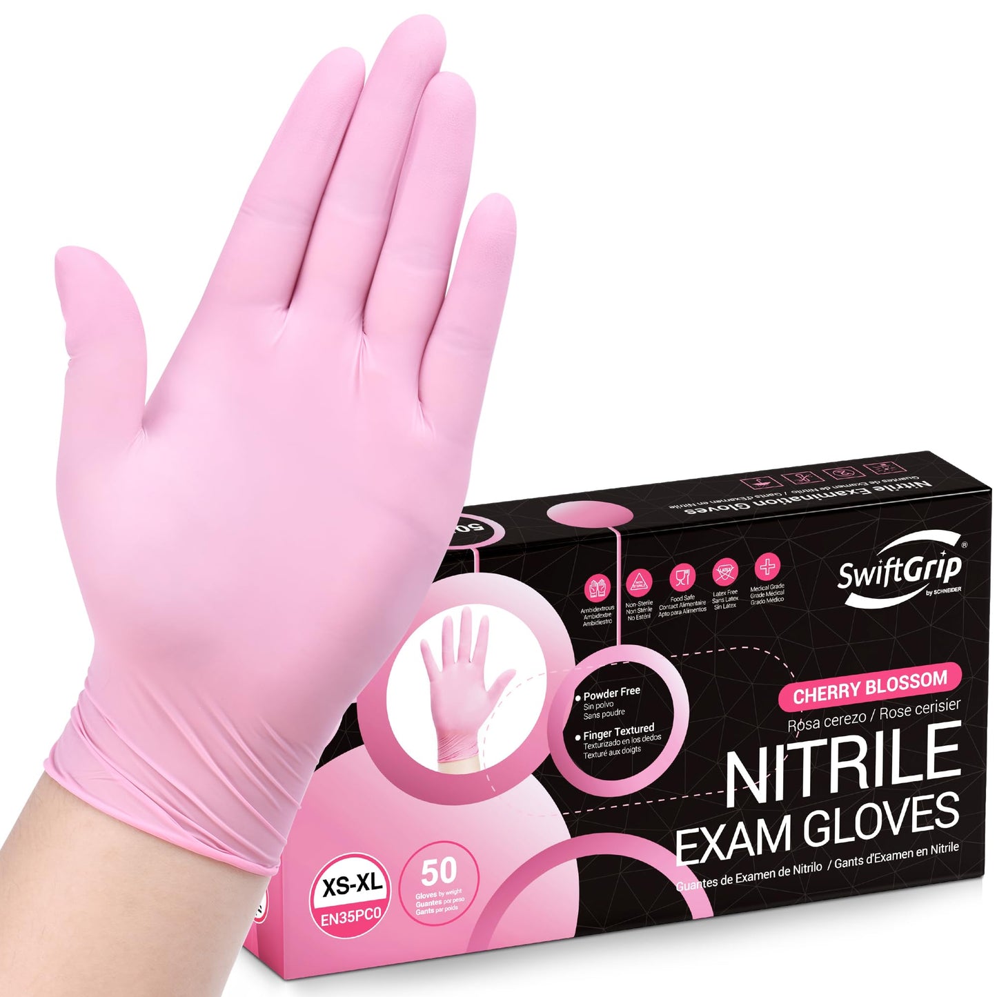 SwiftGrip Pink Disposable Exam Gloves, X-Small, 50-ct Box, Powder-Free, Latex-Free, Medical Grade Gloves for Cleaning & Esthetician