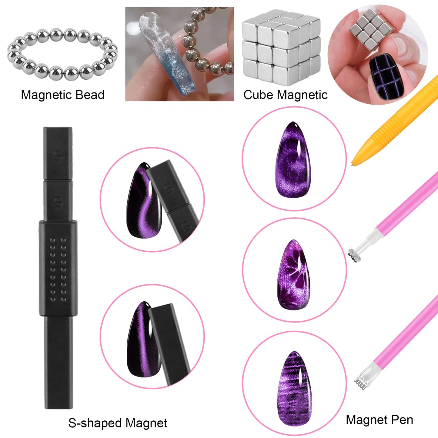 TOROKOM 54PCS Cat Eye Gel Magnet Set for Nail, 3-in-1 Multi-Function Cat Eye Gel Nail Polish Magnet Tools Multiple Style Nail Magnets Heart Beads Nail Art Tools for Nail Art Designs
