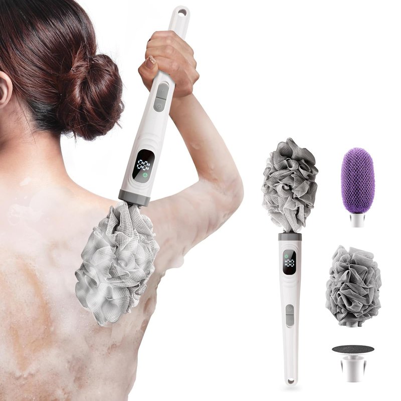 Electric Body Brush Back Scrubber for Shower, Electric Body Brush with Long Handle, Waterproof Rechargeable Bath Brush Body Scrubber with 3 Brush Heads & 2 Speeds for Cleansing and Exfoliating Skin