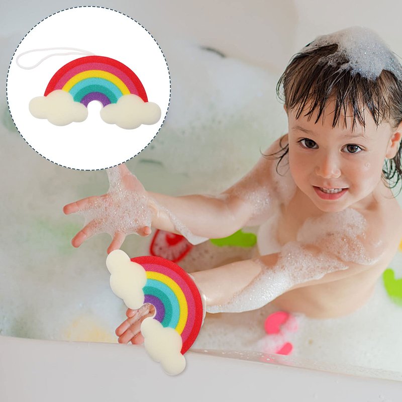 Mobestech Rainbow Shower Sponge for Kids Soft Exfoliating Bath Loofah Body Scrubber Gentle Cleaning with Fun Rainbow Design Lightweight and Compact 9.05X4.72X1.37In