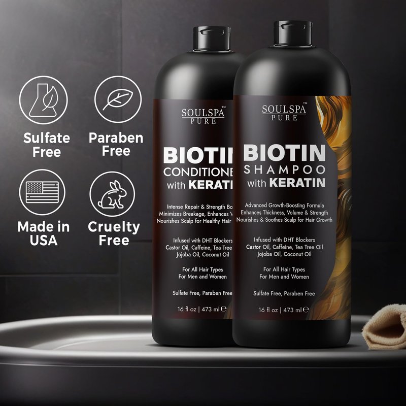 Biotin Shampoo and Conditioner Set with Keratin - Sulfate-Free Advanced Anti-Thinning, Hair Growth Shampoo and Conditioner Combo Repair Formula - with DHT Blockers, for Men & Women - 16 fl oz each