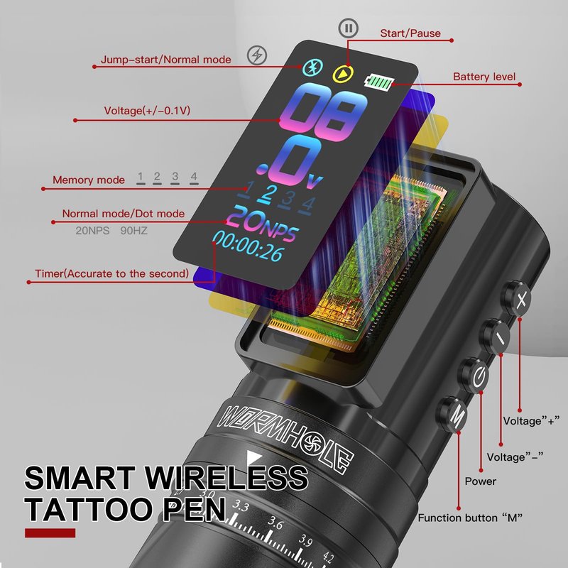Wormhole 2 PCS 2300mAh Batteries Tattoo Gun Wireless Tattoo Machine Multi-function Tattoo Pen Smart Display, 3 Working Modes, 7 Strokes Length for Artists