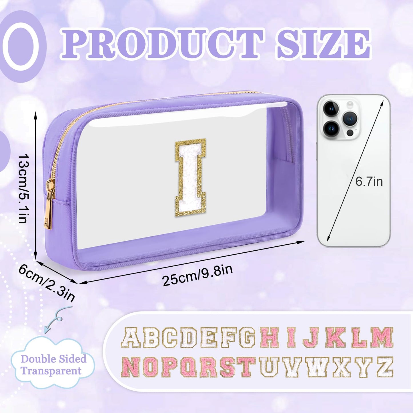 Small Clear Personalized Initial Makeup Bag,Nylon Preppy A-Z Chenille Letter Patch Cosmetic Pouch Beach Toiletry Bag,Waterproof Zip Travel Purse Storage Bag Organizer for Women Girls(Purple-White I)