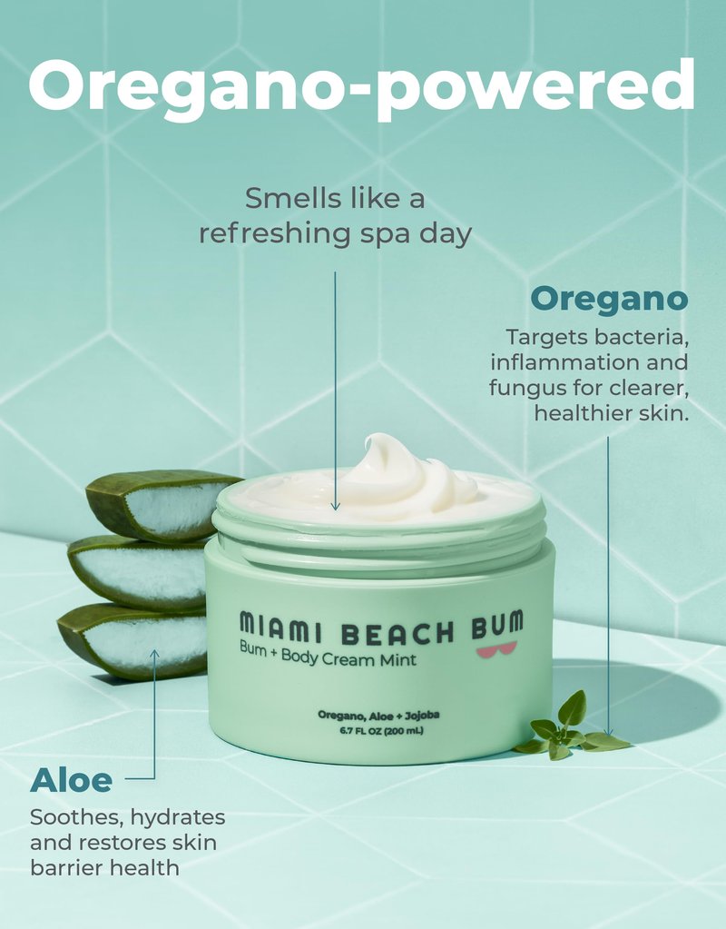 Miami Beach Bum Bum Body Cream - 6.7 oz Bum Lotion Oregano Aloe + Jojoba Daily Moisturizer for Skin Health, Razor Bumps, Keratosis Pilaris, Ingrown Hairs, Sunburns, Blemishes