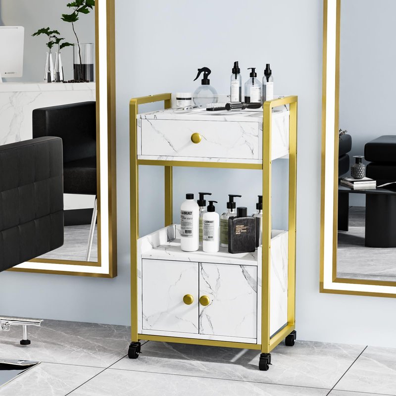OmySalon Salon Trolley Cart with Wheels, Esthetician Cart with 1 Drawer & 2 Trays, Mobile Storage Organizer for Beauty Spa Massage Tattoo Esthetic Facial Tool Holder Station, White Marble