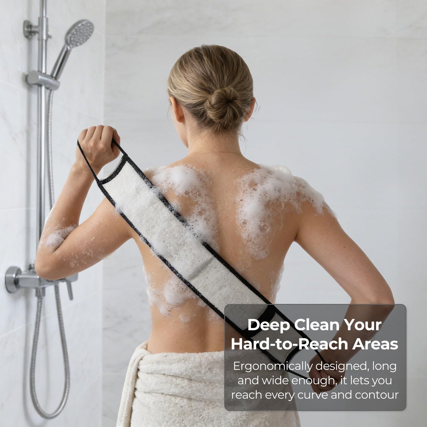 Natural Loofah Back Scrubber, Double-Sided Exfoliating Body Scrubber with Handy Strap for Deep Cleaning, Durable Bath Shower Luffa Sponges for Men and Women (Black)