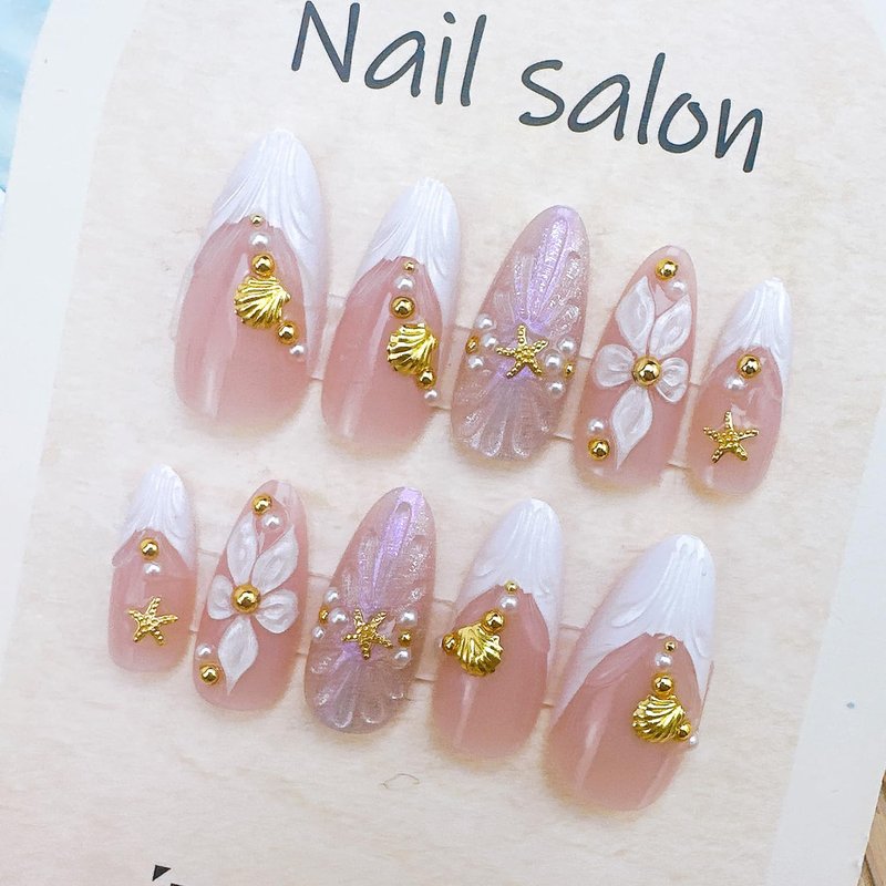 Skiennix 24pcs White French Tip Press-On Nails - Medium Almond Shape with 3D Floral Gold Pearl Designs