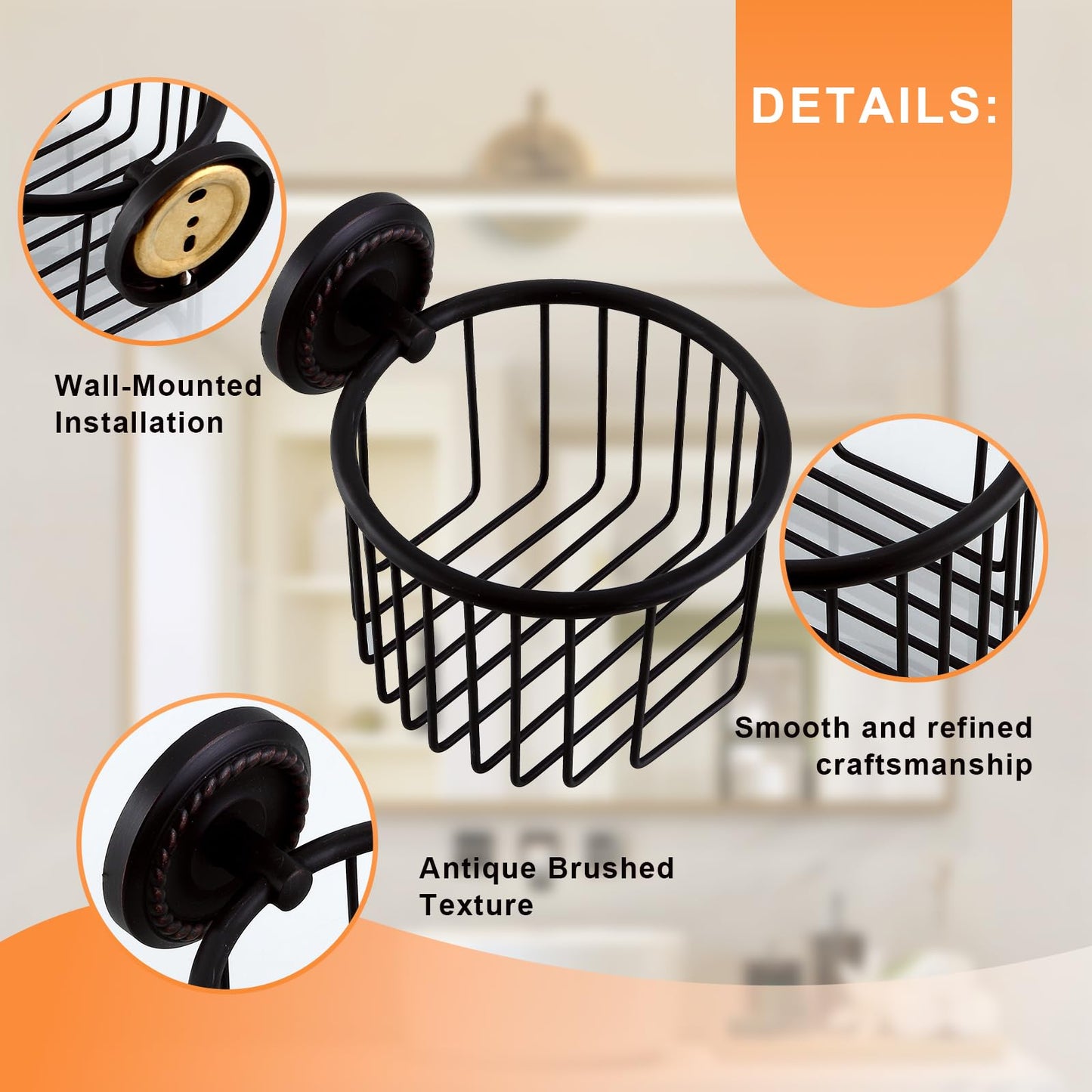 Vintage Wall-Mounted Toilet Paper Holder with Wire Basket Design, Oil-Rubbed Bronze, Wall-Mounted Bath Hand Towel Holder with Braiding Carvings, Vintage Style.