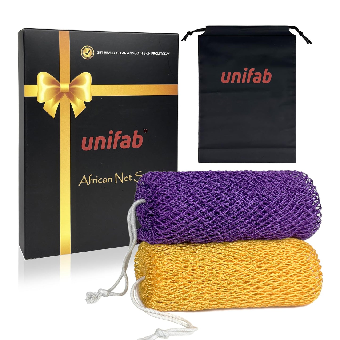 Unifab Authentic African Net Sponge with Knots, 2 Pieces African Exfoliating Net Real Sapo Sponge, Afro Scrub Wash Cloth Body Scrubber for Bath & Shower (Purple & Yellow)