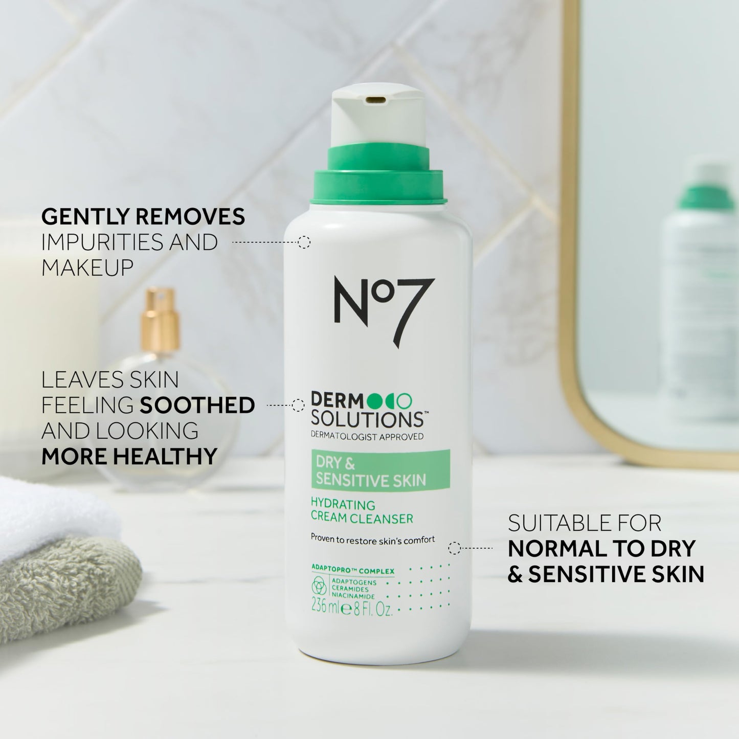 No7 Derm Solutions Hydrating Facial Cleanser - Gentle Cream Face Wash Formulated with Ceramides, Niacinamide & Adaptogens to Help Maintain Skin's Moisture Barrier - For Dry & Sensitive Skin (16 Fl Oz)