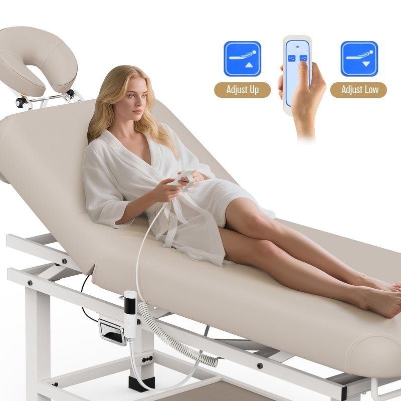 pouseayar Heating Function Heavy Duty Electric Stationary Massage Table with Backrest Adjustable and Storage Space for Treatment/Medical Spa/Facial/Beauty/Massage Bed - 30 x 75 - Beige Gray