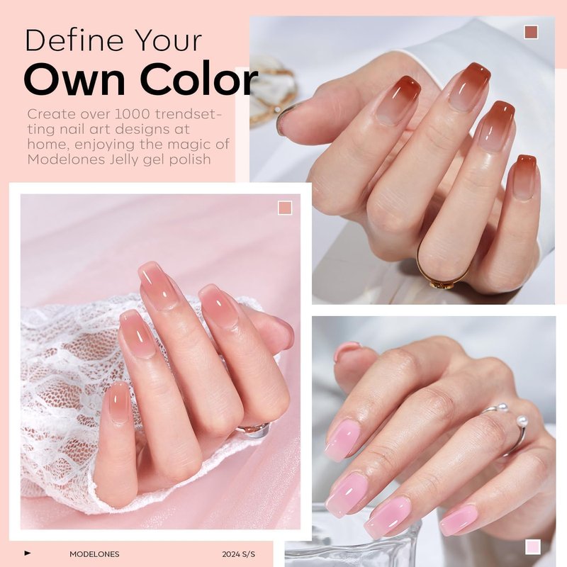 modelones Jelly Gel Nail Polish 6 Colors Hema Free Transparent Jelly Milky Pink Sheer Pink Neutral Nude Gel Polish Nail Soak off Nail Polish French Nail Art Manicure DIY Home Salon Gift Women