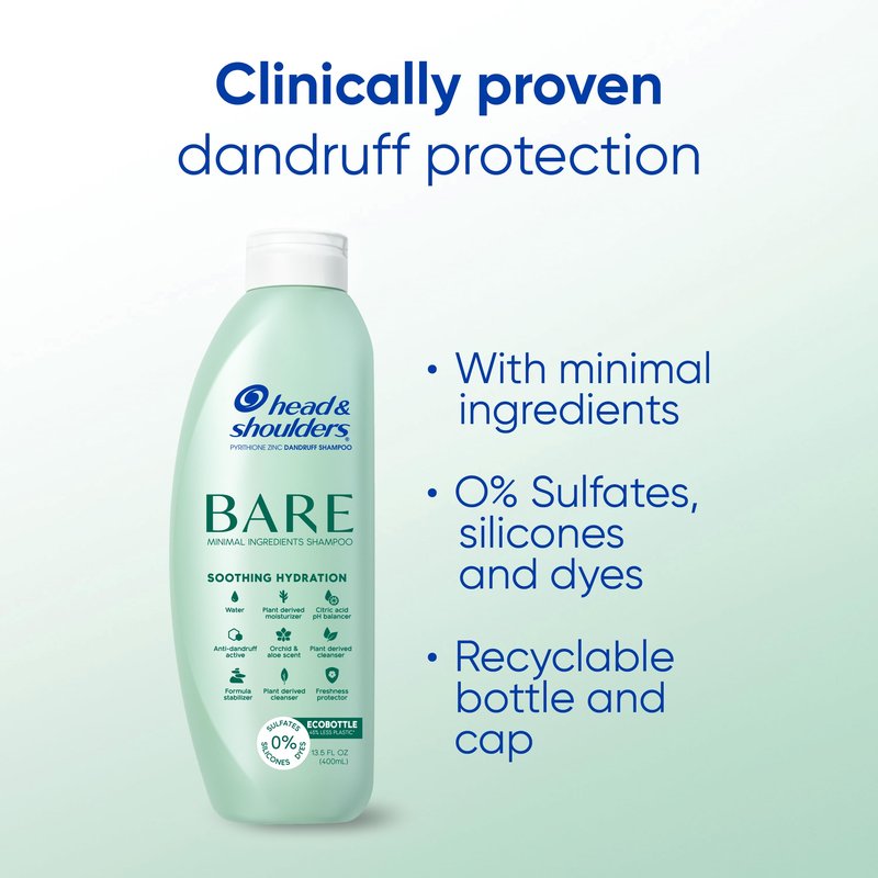 Head & Shoulders Anti-Dandruff Shampoo, Bare Soothing Hydration, 1% Pyrithione Zinc, Dry Scalp Relief, Free of Sulfates, Silicones, Dyes, 13.5 fl oz
