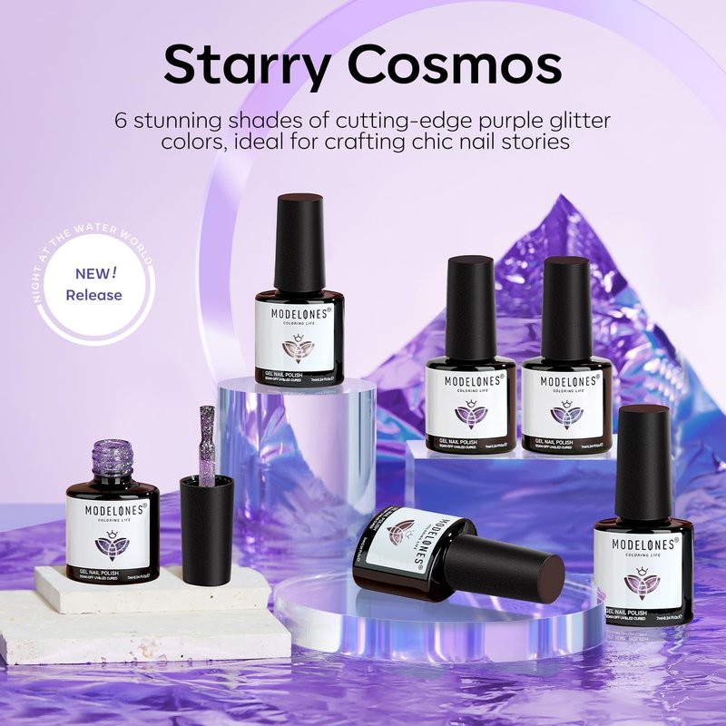 Modelones Purple Glitter Gel Nail Polish Set, 6 Colors Shimmer Violet Mermaid Gel Nail Cat Eye Sparkle Soak Off Led Nail Polish for Women Girl DIY Nail Art Gift