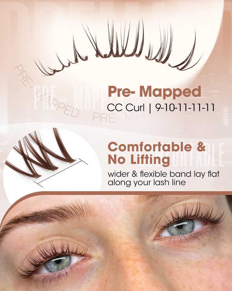 Brown Lash Clusters Natural Eyelash Extensions 9-10-11MM Short Wispy Cluster Lashes Extensions CC Curl Pre-Mapped Cat Eye Eyelash Clusters for Effortless Application