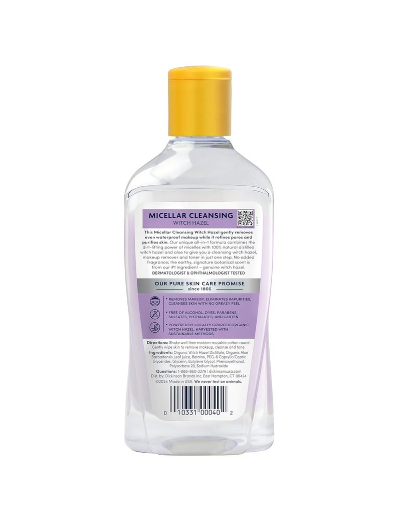 Dickinson's Micellar Cleansing Witch Hazel - All-in-One Makeup Remover & Pore Refiner | Alcohol-Free, 16oz
