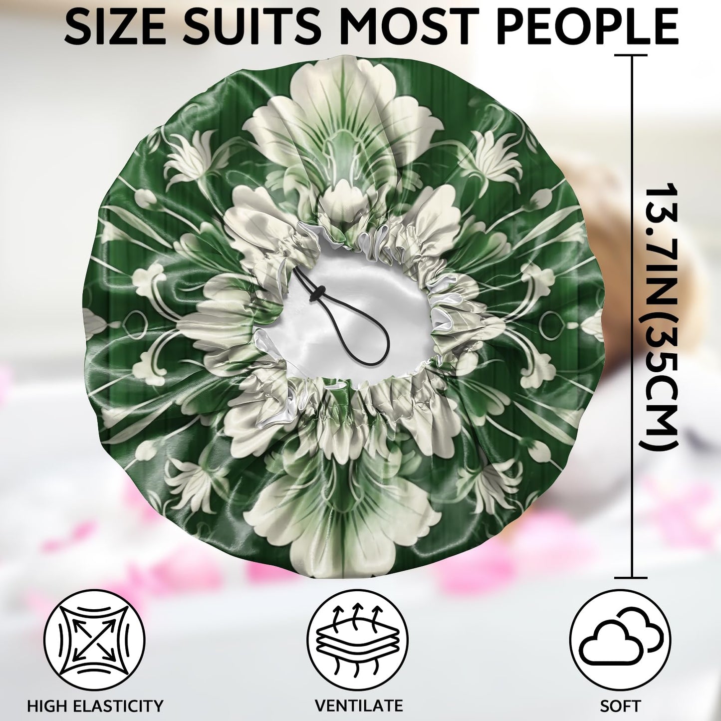 Zewurtuw Shower Cap Adjustable Waterproof Double Layer Elastic Reusable Hair Bath Cap Cute Aesthetic for Women Girls-Green Flower