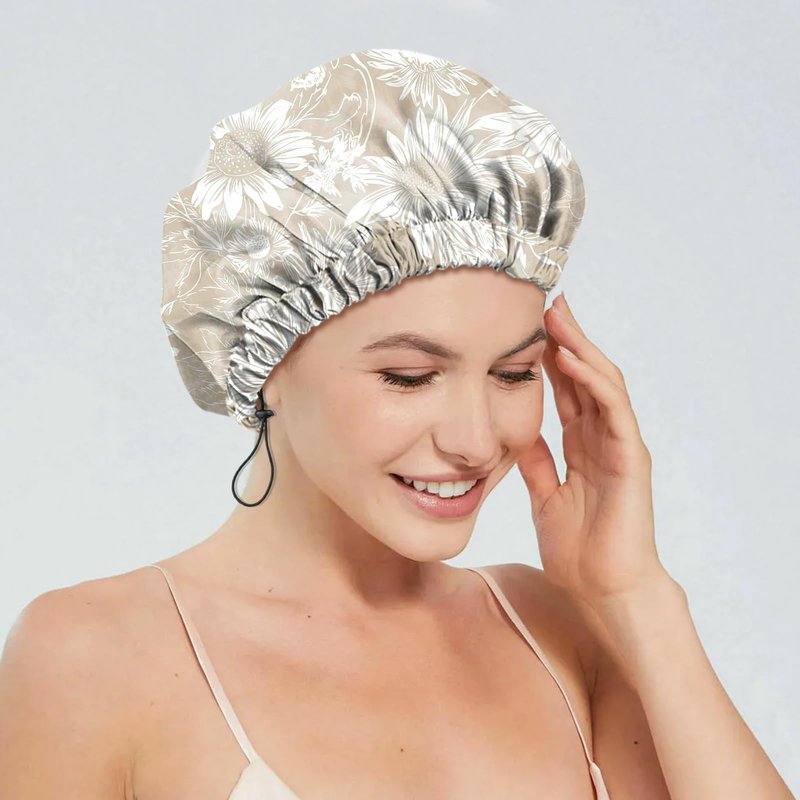 Cabreche 2 PCS Shower Cap Reusable Waterproof Double Layers Hair Caps Shower Bath Adjustable Elastic Hat for Women Girls Cute Aesthetic-Orange Flower