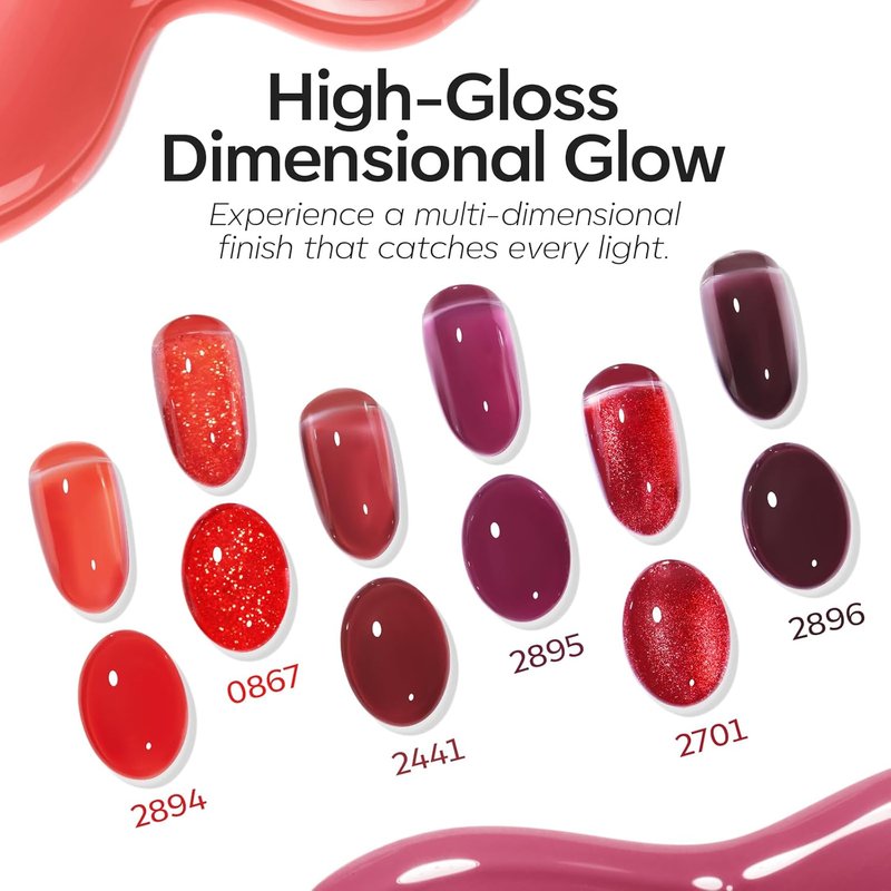 modelones Jelly Red Gel Nail Polish Set, Hema-Free 6 Colors Mother Day Red Cat Eye Burgundy Cherry Glitter Hot Dark Red Purple Sheer Neutral Translucent Effect with Magnet Gel Polish Kit LED Nail Art