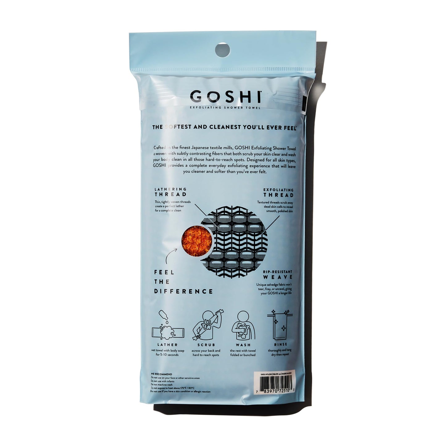 GOSHI Exfoliating Shower Towel - Long Body Scrubber for Back Acne, KP & Smooth Skin - Durable Rip-Resistant Weave, Quick-Dry Nylon Washcloth - Ethically Crafted in Gunma, Japan - Orange