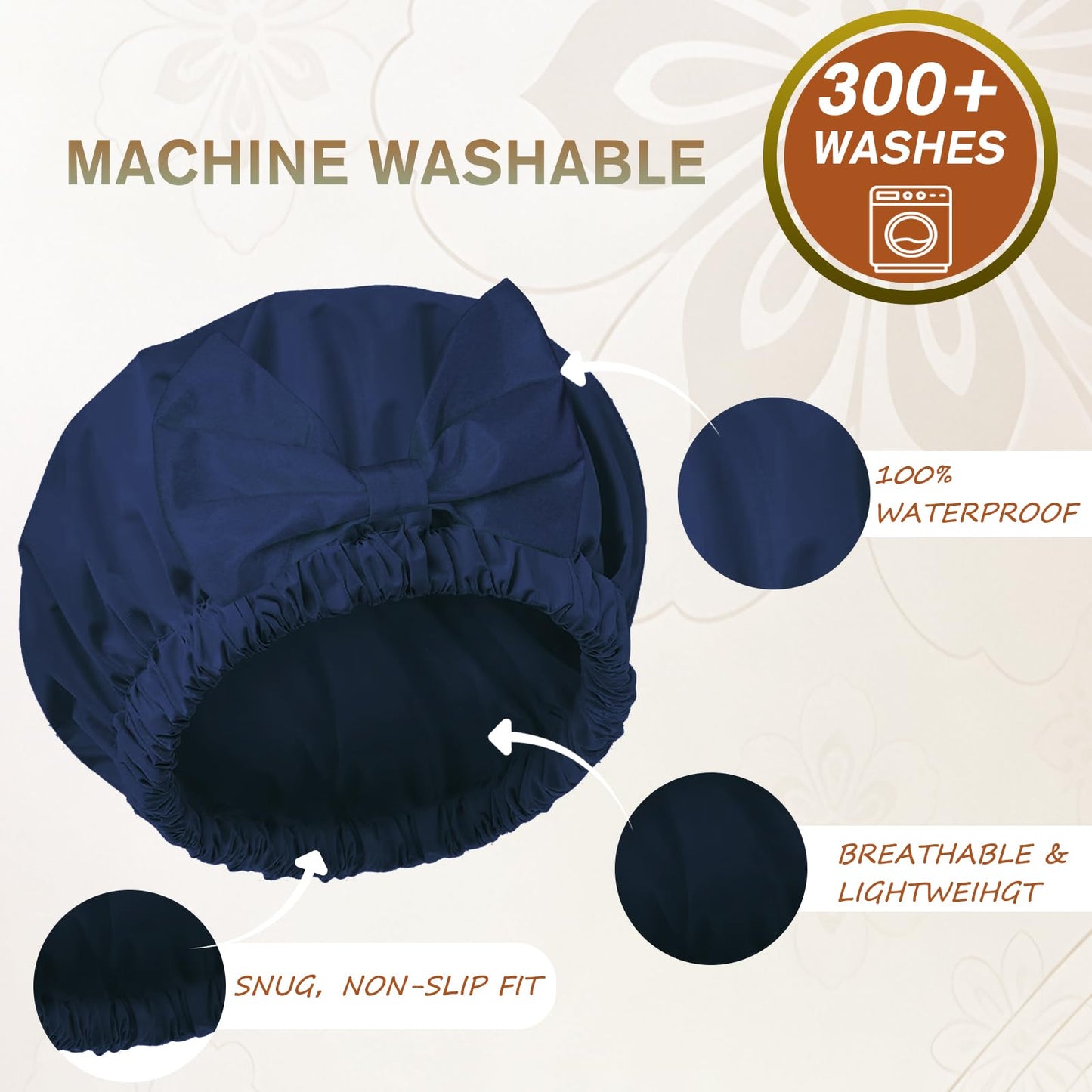 Shower Cap for Women, Cute Bow Waterproof Reusable Bath Cap, Non-Slip Anti Humidity, Roomy Anti-Frizz for Short Medium Wavy Hair, Soft Elastic & Machine Washable, Navy Blue