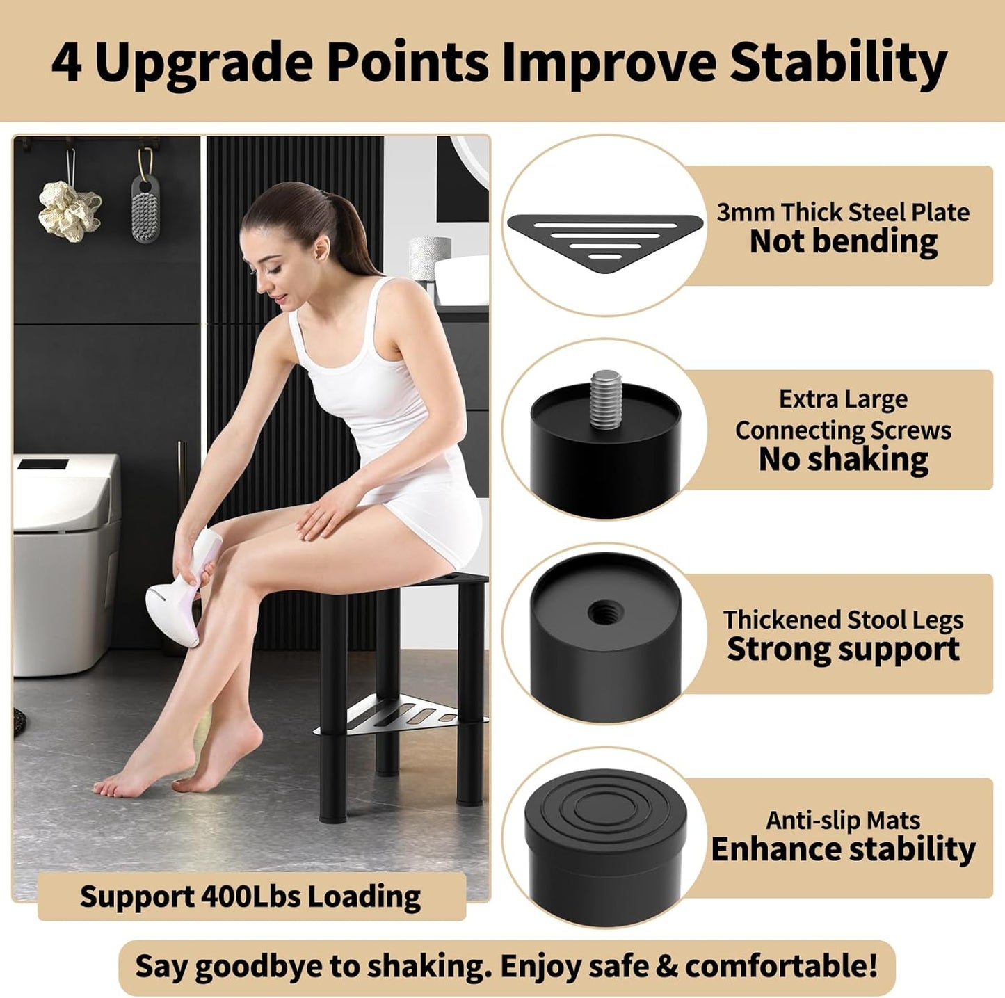 Skiennix Rust-Proof Metal Corner Shower Foot Stool - Non-Slip Bath Bench with Storage Shelf | Black