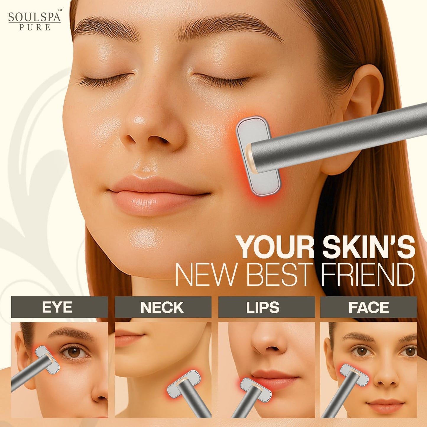 Soulspa Pure 7 in 1 LED Light Wand for Face, Neck & Eye – Silver with Activating Serum | Multifunctional Skincare Tool for Home Use
