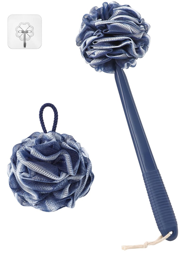 ROLIZOE Loofah With Handle Back Scrubber for Shower, Non-Slip 17" Plastic Handle, Hand Shower & Loofah on a Stick Sponge Set, Deep Blue With White Edge