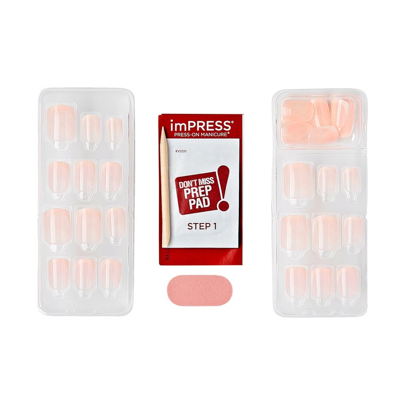 Kiss Impress No Glue Mani Press On Nails, French, 'Heroic', Light Neutral + White Tip French, Short Size, Squoval Shape, Includes 30 Nails, Prep Pad, Instructions Sheet, 1 Manicure Stick, 1 Mini File