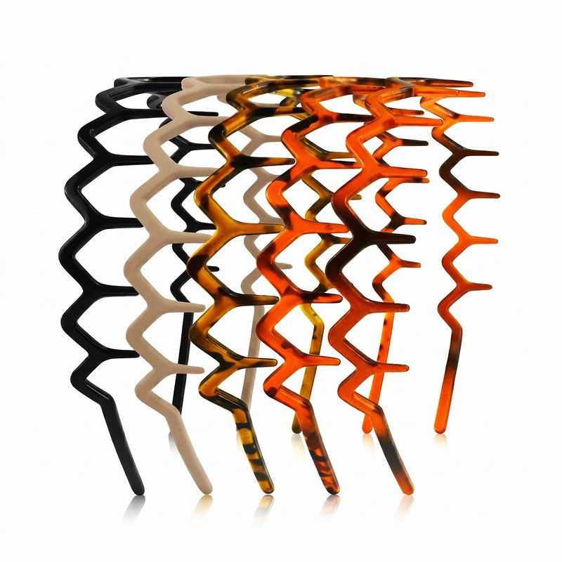 PcwBcn Zig Zag Headbands for Women, Plastic Wavy Hair Band with Teeth Comb Classic 90s Hair Accessories for Face Washing Skin Care Makeup Hair Holder Everyday Use Tortoise Brown Black Head Band