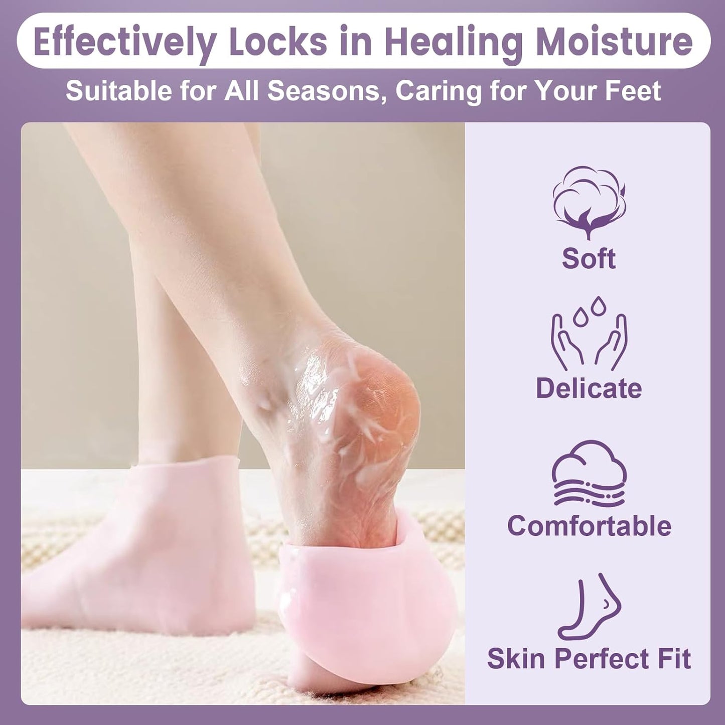 TEAWOO Silicone Moisturizing Socks - 2 Pairs for Dry, Cracked Feet | Women's Foot Care (Pink & Beige, Size 9)