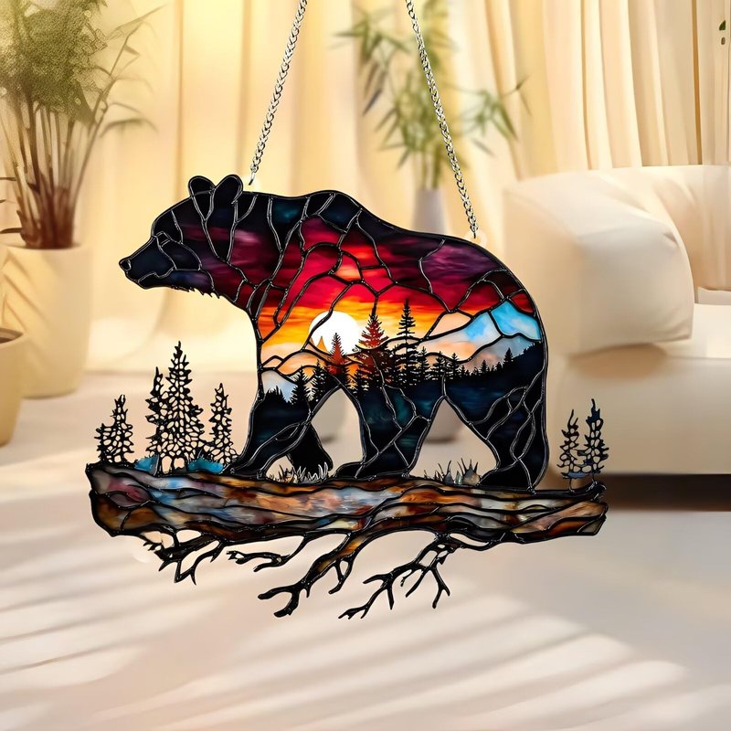 1PC Bear on Branch Acrylic Suncatcher Hanging, 7.08 inch Window Decor with Printed Stained Glass Style Design, Rainbow Maker Wall Art, Gift Idea & Garden Ornament Indoor Outdoor Use/DW-19