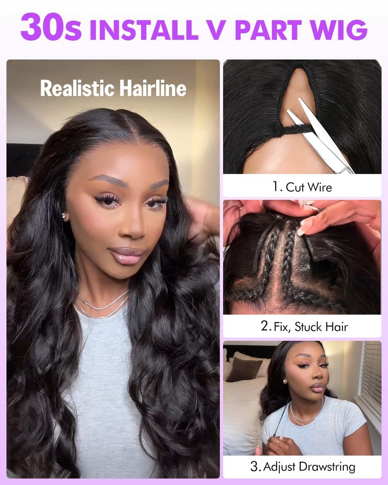 Lysilf V Part Wigs Human Hair 250% Density Body Wave Upgrade U Part Human Hair Wigs with Drawstring No Leave Out No Sew Glueless Clip In Half Wig for Women (Natural Black, 20 Inch)