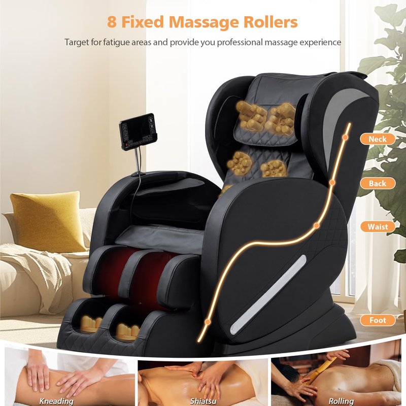 AVSAMOQ Massage Chair Full Body, Zero Gravity Massage Recliner with Air Pressure, 8 Fixed Points Massage Rollers, Heating, Foot Roller, LCD Screen Control, Home Office Use