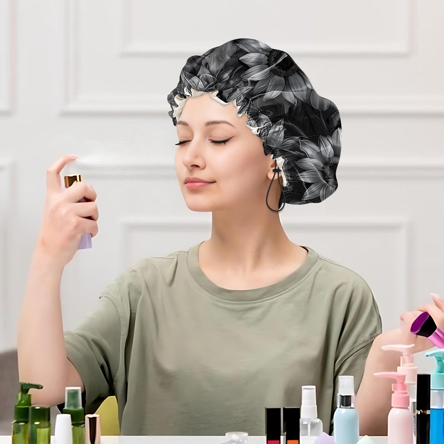Cabreche Luxury Shower Cap Satin Silk Lined Adjustable Elastic Reusable Waterproof Shower Bath Cap Cute for Women Girls-Black Sunflower