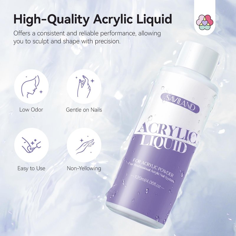 SAVILAND Monomer Acrylic Nail Liquid: 4 oz Non-Yellowing Acrylic Liquid Monomer for Nails with #12 Nail Brush for Beginners DIY at Home Professional Salon Use