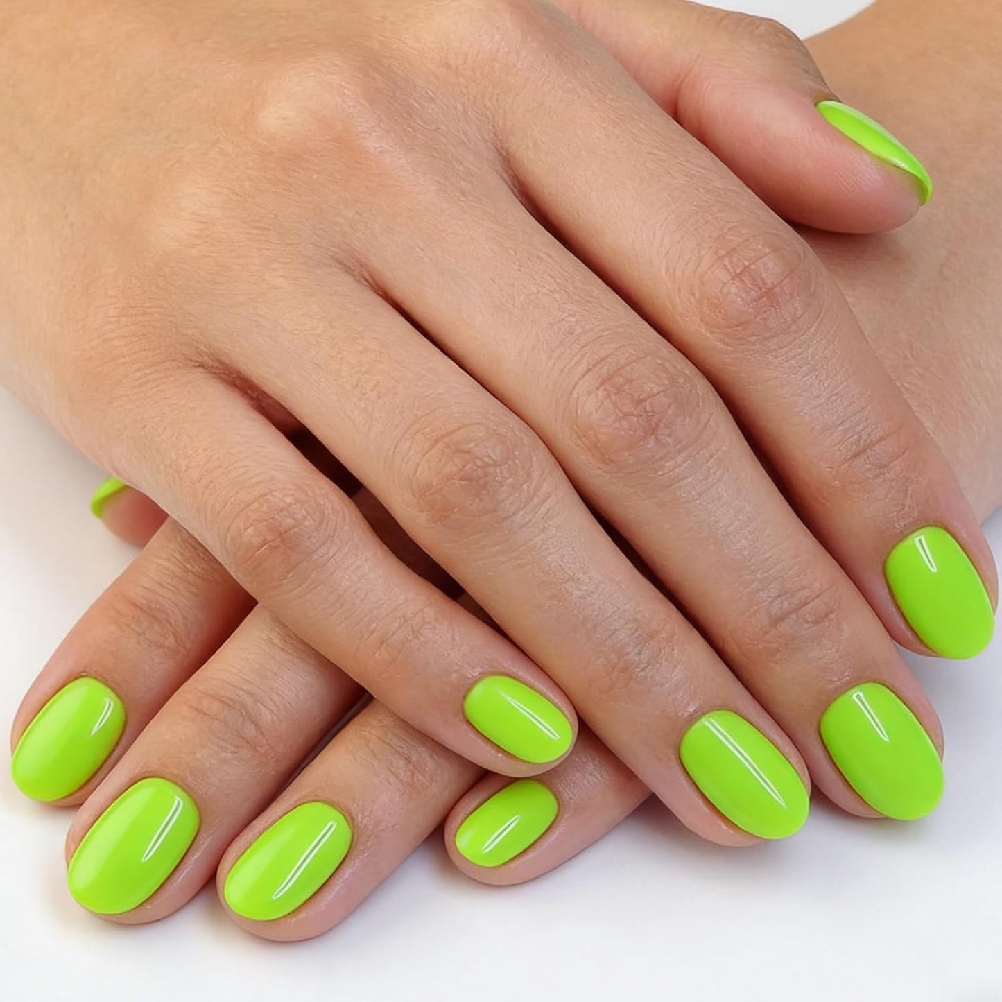 Skiennix Neon Green Press On Nails - Glossy Short Almond Full Cover | 32 Pcs for Stunning Manicures