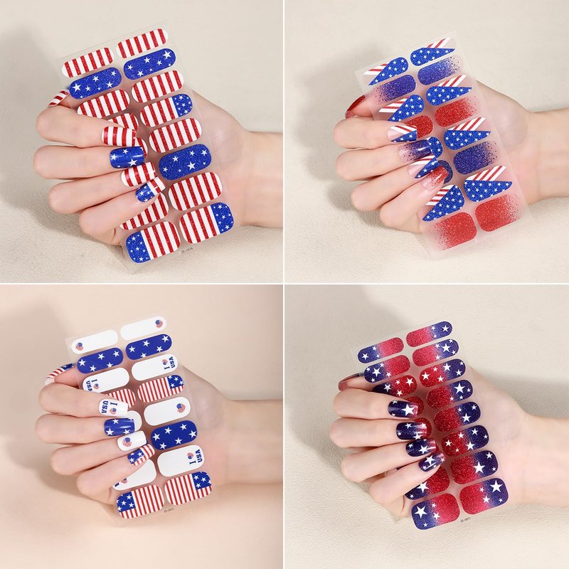 4 Sheets Independence Day Gel Nail Strips 4th of July Patriotic Full Wrap Nail Stickers Self-Adhesive American Flag Star Design Glitter Nail Polish Strips with File, Women DIY Holiday Manicure Decor