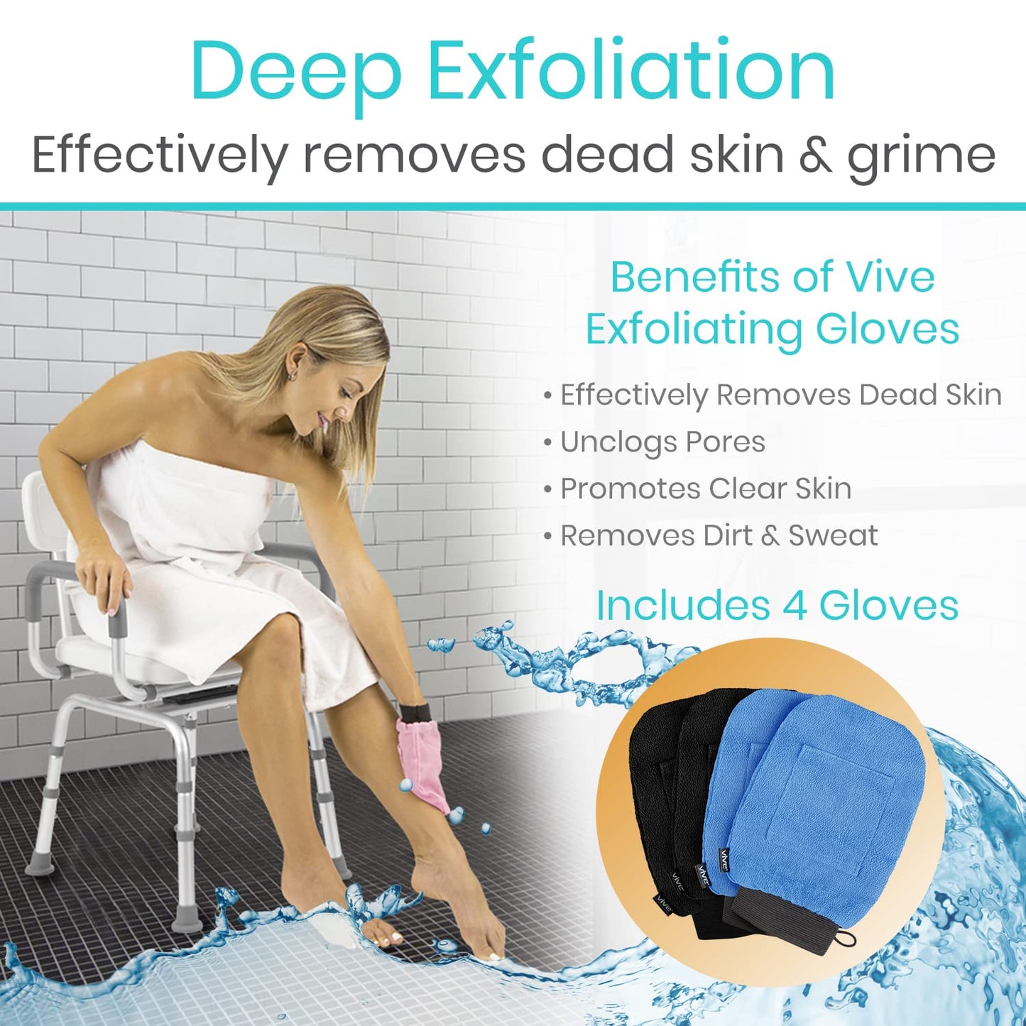 Vive Exfoliating Mitts for Body (4 Pack) - Scrub Gloves with Soap-Saver Pocket - Body Exfoliate Shower Dead Skin Remover - Deep Microdermabrasion Exfoliator for Kerastosis Pilaris - Premium