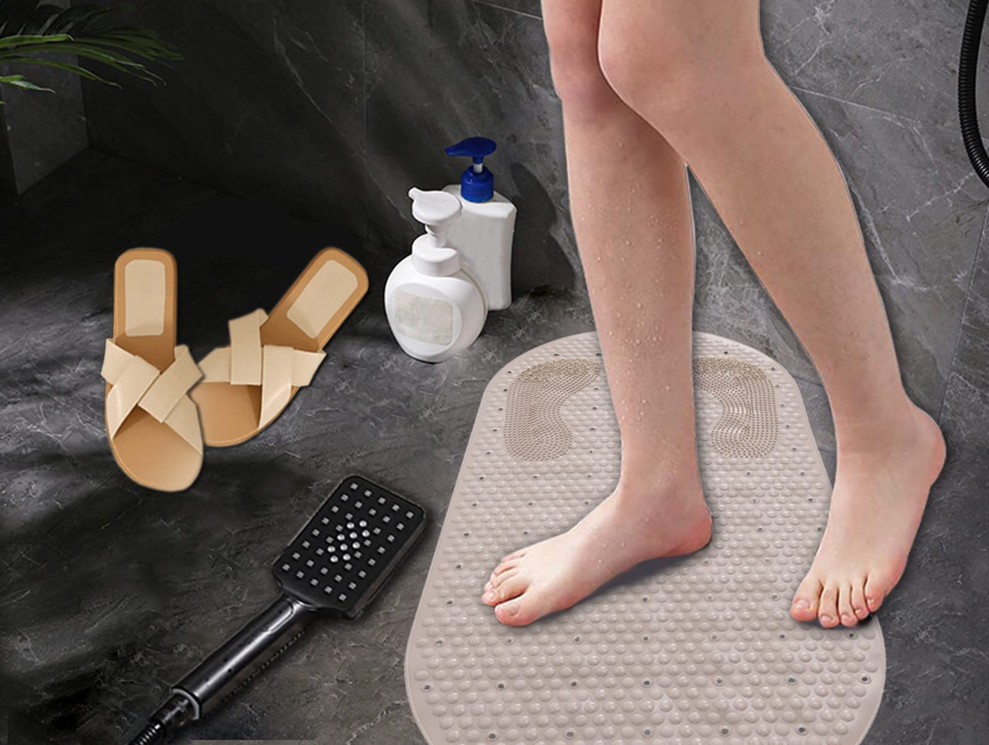 HIZOLVIO 32x16in Foot Scrubber Shower Grip Mat with Pumice Stone, Bath Tub Shower Mat Non Slip with Suction Cups Drain Holes, Anti Slip Bathtub Mat for Feet Massage, Exfoliating
