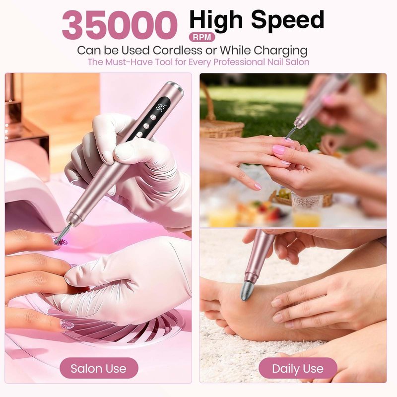 Cordless Nail Drill 35000RPM, Portable Electric Nail File for Acrylic Gel Nails, Professional Manicure Pedicure Kit, Rechargeable Pedicure Tools for feet with LCD Display, Low Noise Low Vibration