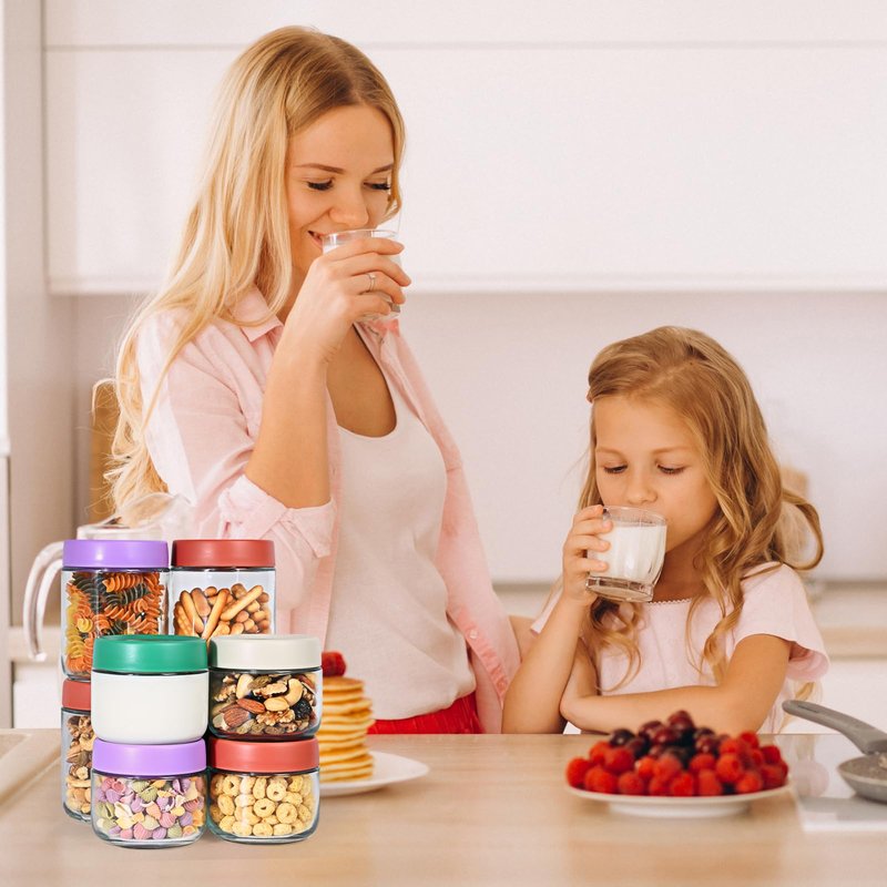 Hoa Kinh 9oz 12Pack Overnight Oats Jars with Lids, Leak Proof Small Jars for Overnight Oats, Cereal, Clear Empty Glass Jar with Lids for Kitchen(Red, Green, Purple and White)