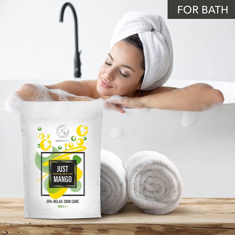 Foaming Bath Sea Salt Mango 35 Oz (1000g) - Bubble Bath Salts with Almond & Grape Seed Essential Oil & Mango Fruit Extract for Bath Soak - Relaxing Bath - Relaxation - Aromatherapy Bath Salts