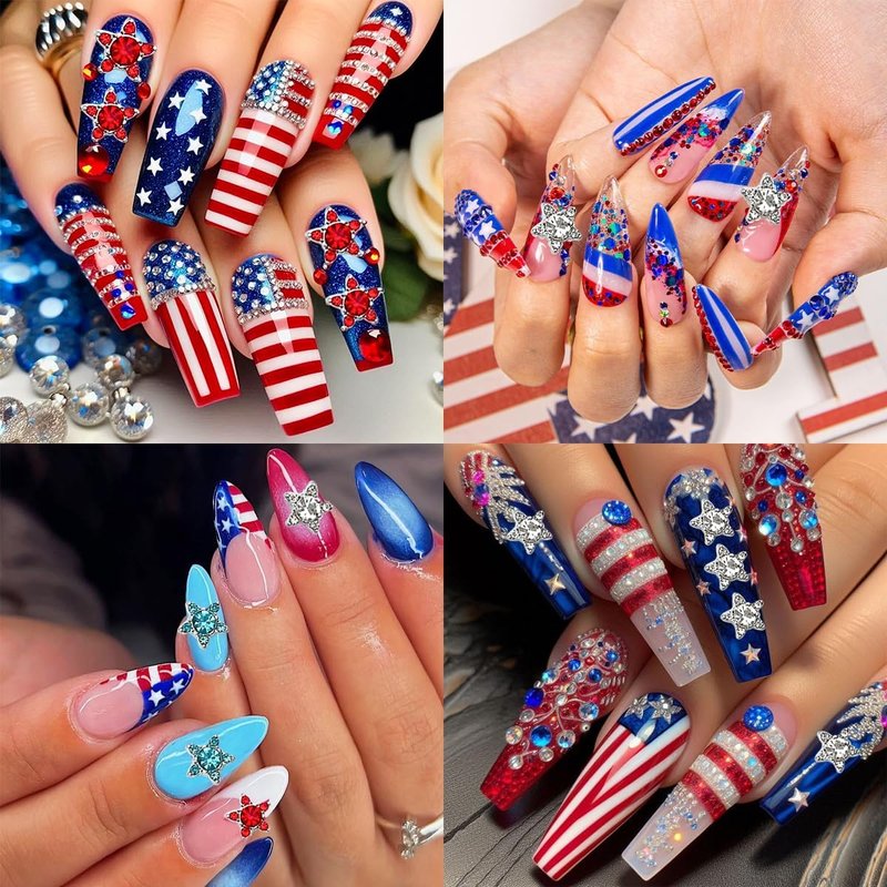 250th Anniversary Nail Charms - 24Pcs Red, White & Blue Star Rhinestone Gems for Patriotic Nail Art